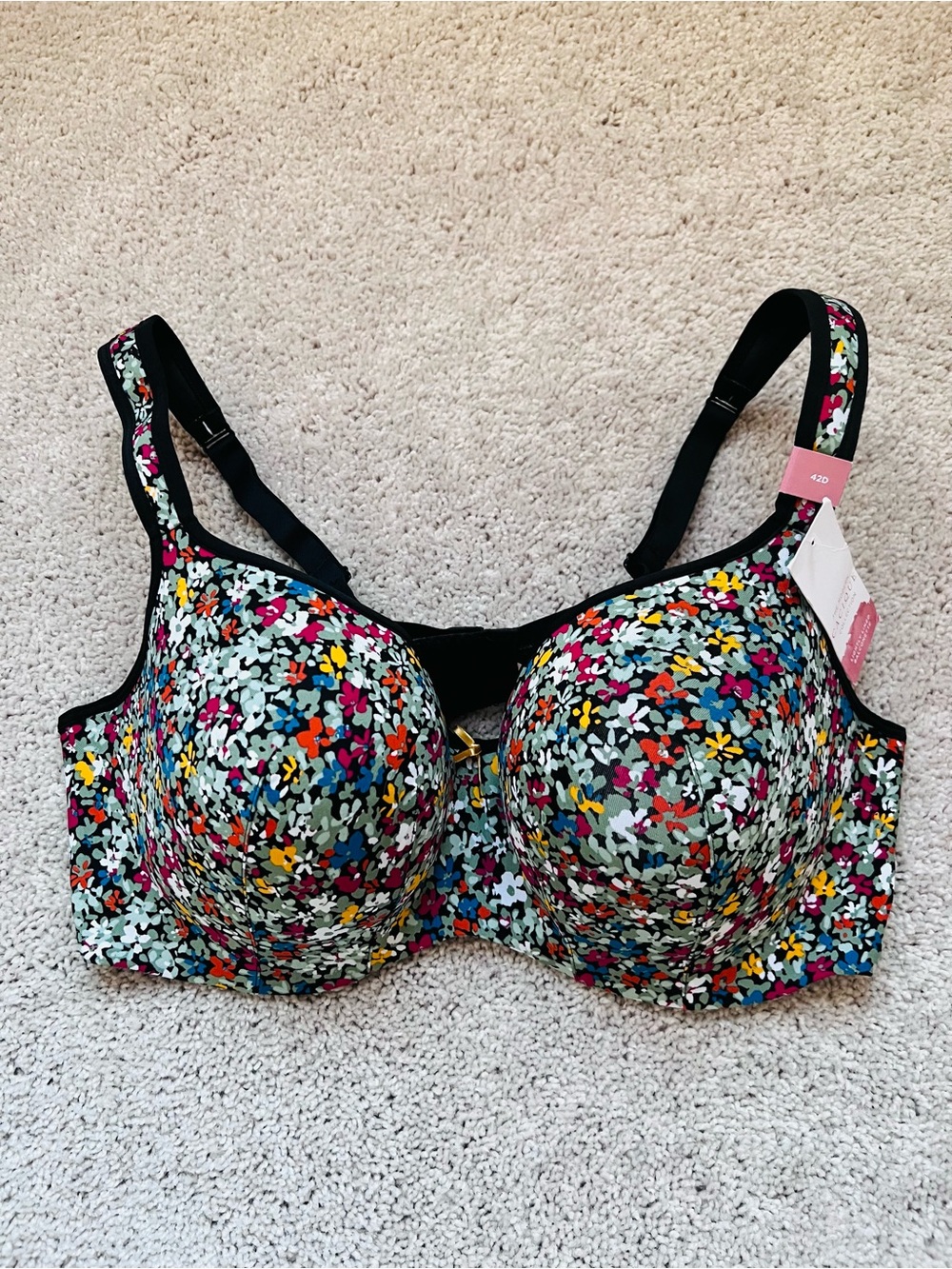 Cacique Black Floral Multi-Color Underwire Bra 42D